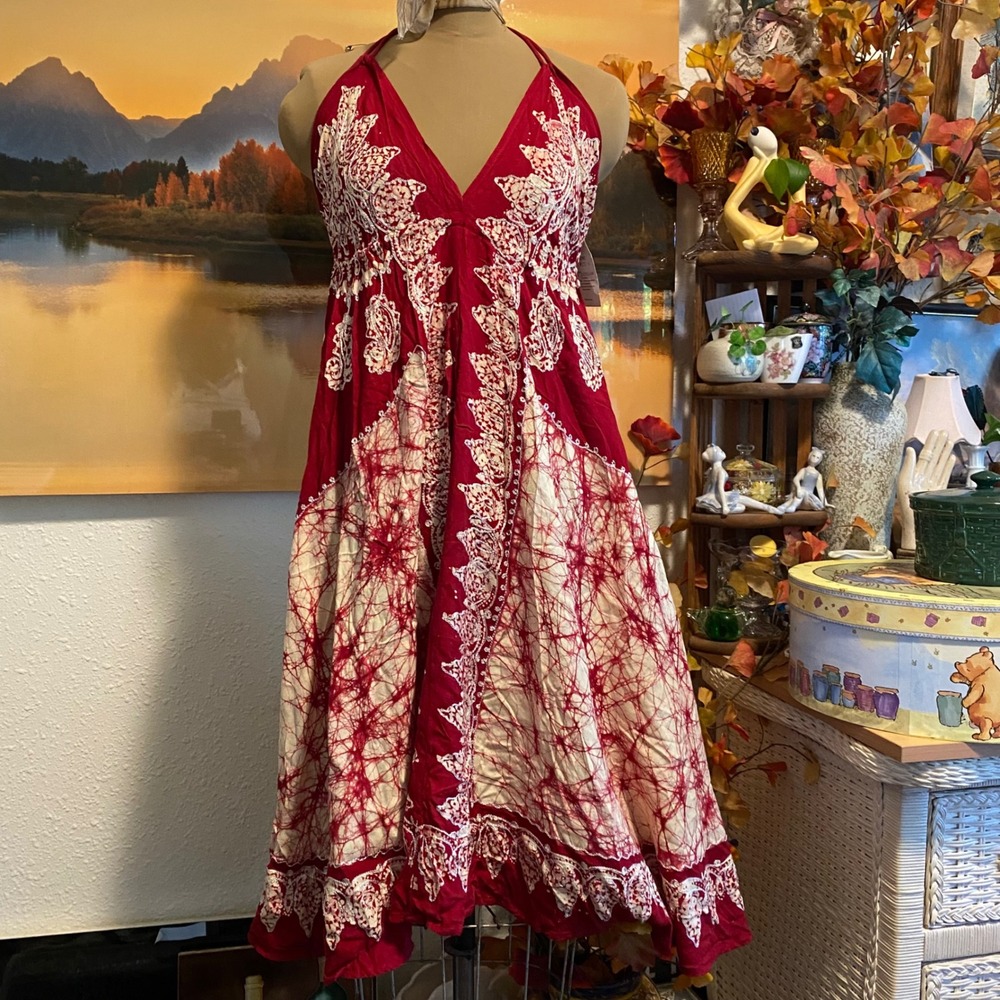 New Advance Apparels Halter Dress Boho Batik Embroidered Women OS Red Cream